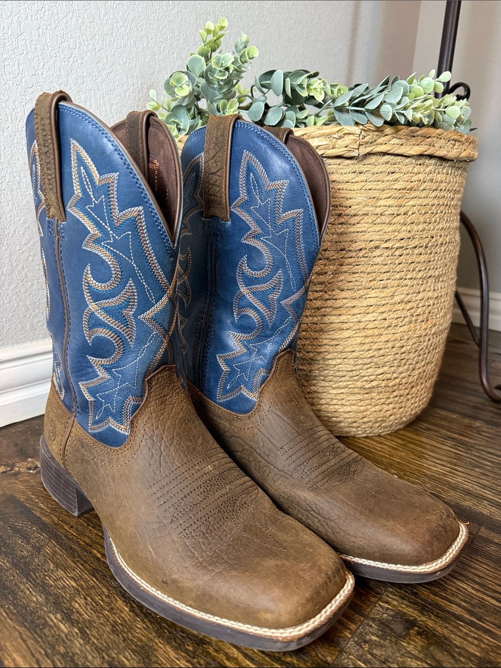 Durango Brown Leather Foot with Blue Embroidered Shaft Cowboy Boots